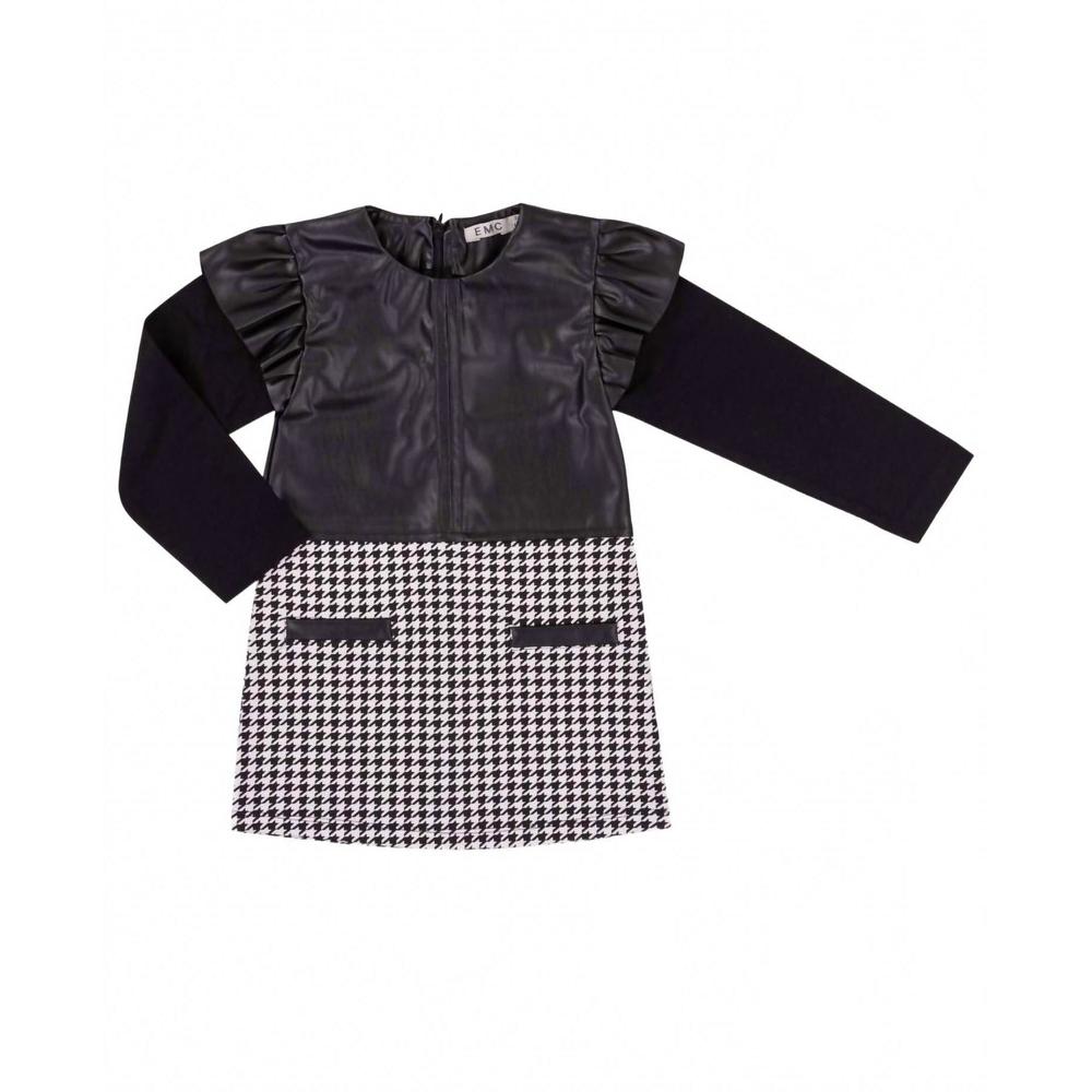 NEW EMC girls' long sleeve leather dress in black/white